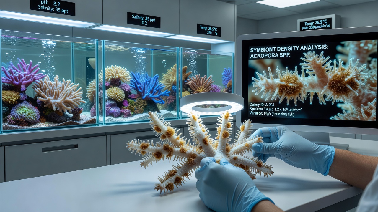 Close-up view of Acropora tissue sampling for symbiont cell counts in a research aquarium