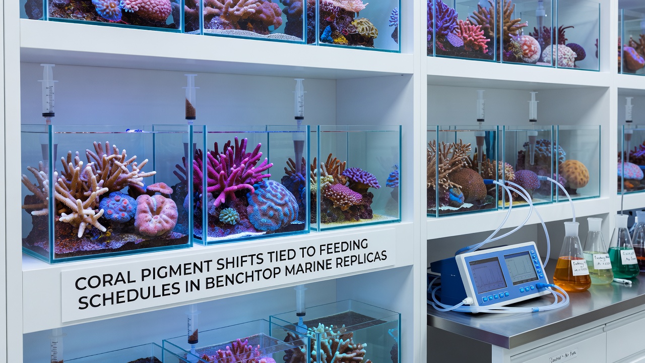 Close-up view of coral fragments displaying pigment variations across different feeding interval treatments in a controlled replica tank