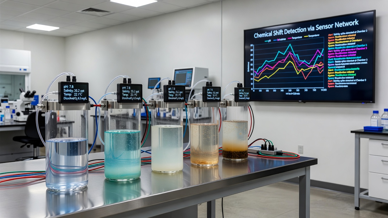 Close-up view of sensor probes tracking real-time salinity and pH variations in a saltwater microcosm
