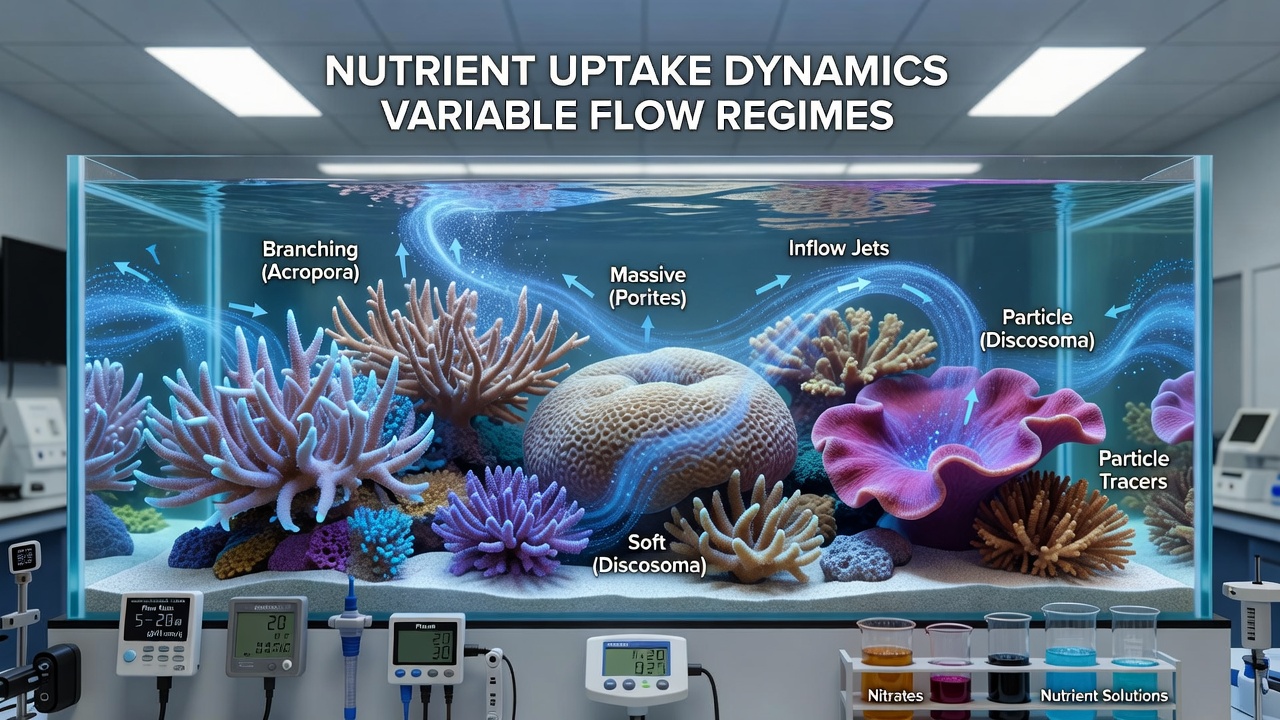 Close-up view of nutrient sampling equipment measuring uptake rates on coral fragments in variable flow microcosms